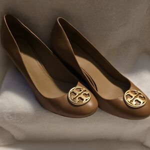 Tory Burch Brown Gold Heels with Signature Emblem